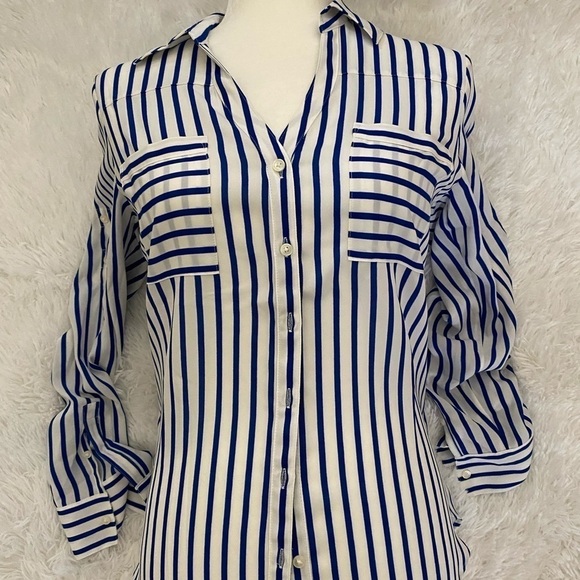 Express royal blue & white striped casual blouse - Picture 1 of 8